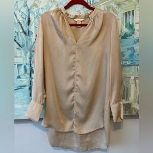 H&M Silken Grace Taupe Satin Long Sleeve Blouse Size 6